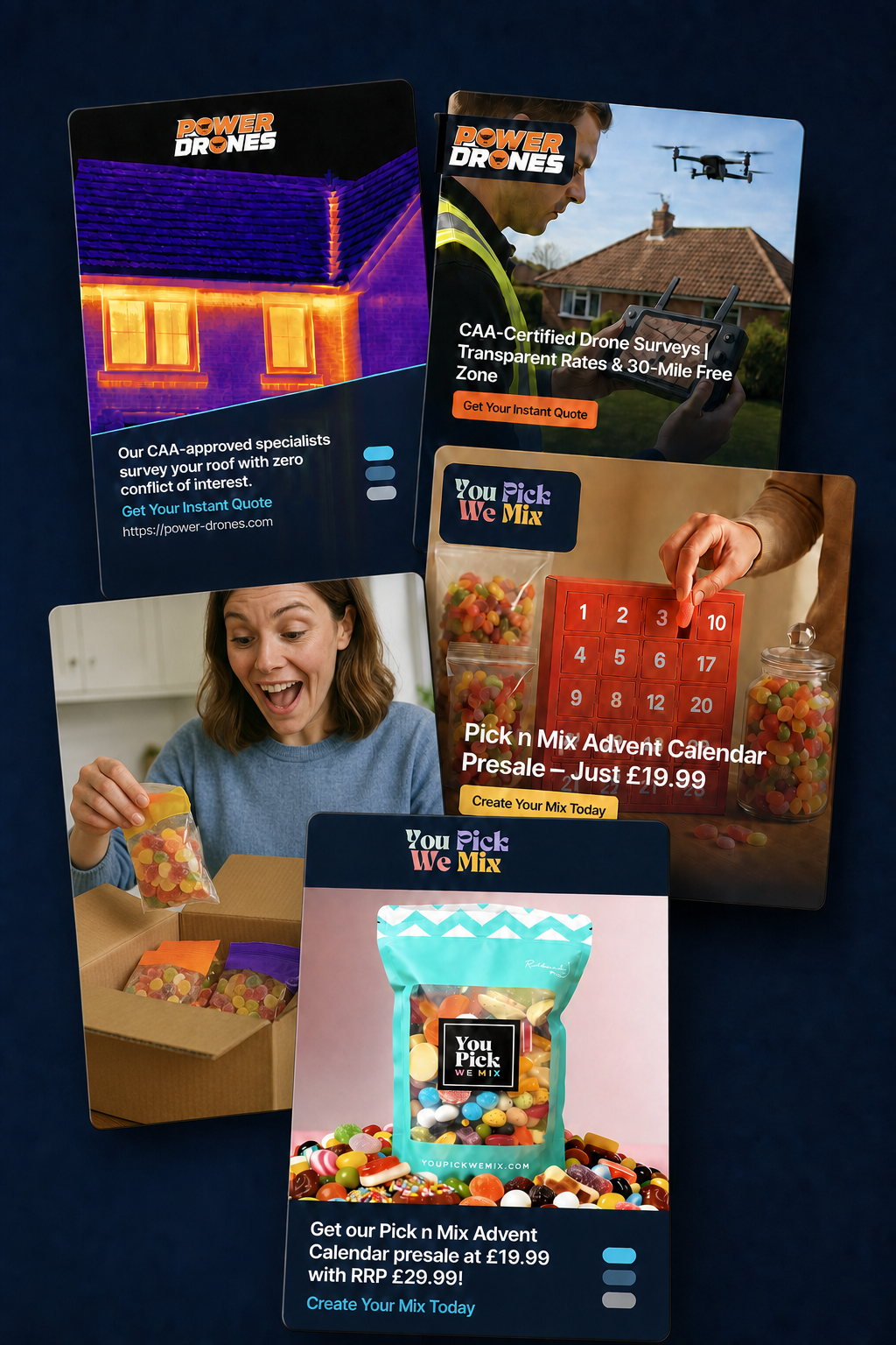 Pierblu case study posts — Power Drones thermal surveys and You Pick We Mix advent calendar adverts